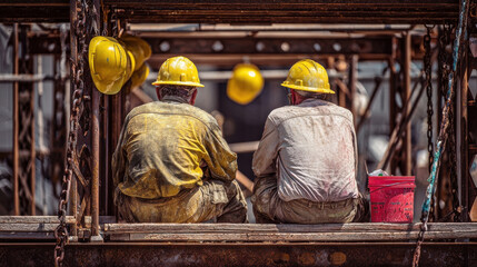 Steelworkers share water on hot scaffolding during Labor Day break