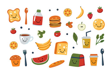 Whimsical Food Collage: An adorable and vibrant collection of diverse food items, each radiating joy, including a cute toast, apple and burger. This playful illustration is perfect for conveying fun.