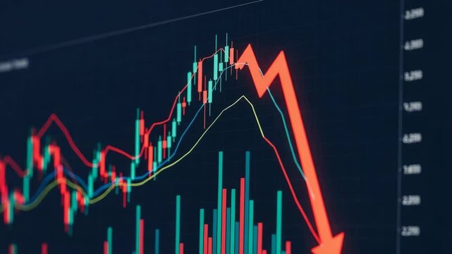 Stock market crash showing downward trend with a red arrow against financial chart on monitor. Stock market crash analysis displayed with indicators for economic downfall.