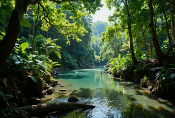 A serene tropical creek meanders through green forest, surrounded by vibrant foliage and verdant trees, creating a tranquil oasis in the heart of natures embrace