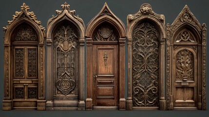 Obraz premium Five Ornate Gothic Style Doors - Intricate Architectural Design Details