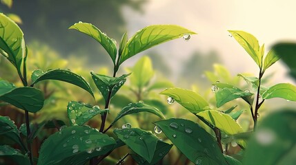 Fresh Tea Leaves Covered In Dew Drops