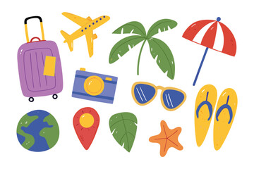 Travel Essentials Illustration: A vibrant illustration showcasing travel essentials, perfect for evoking wanderlust and inspiring the next adventure. Featuring a suitcase, airplane, palm tree.