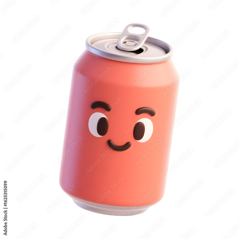 Poster cute cartoon soda can with a happy face and open tab isolated on transparent background
