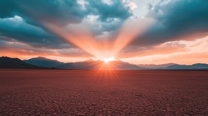 Tranquil Desert Landscape with Vibrant Sunset and Dramatic Sky