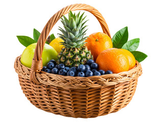  Angled View of Handwoven Fruit Basket with Pineapple, Berries, and Citrus, Vibrant Color Mix, Isolated PNG