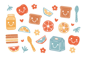 Cheerful Breakfast Delights: An artistic, delightful flat lay illustration showcases an array of breakfast essentials like smiling toast, smiling orange slices, joyful potato, happy jar of spreads.