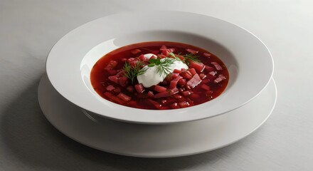 Traditional Borscht Reimagined: Luxury Dining Presentation of Savory Beet and Vegetable Soup in Stylish Restaurant Setting