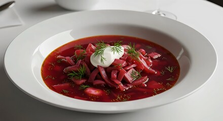 Exquisite Ukrainian Borscht in Luxury Restaurant: Steaming Bowl of Traditional Beetroot Soup with Sour Cream and Fresh Dill Garnish