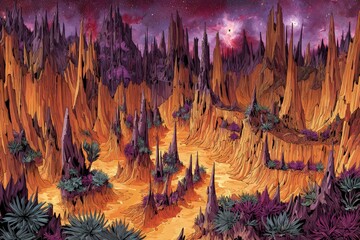 Pixelated Orange And Purple Alien Landscape