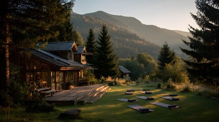 Textured Log Cabin Nestled in Misty Forest Landscape &ndash; Immersive Visual for Eco-Tourism and Sustainable Wellness Campaigns