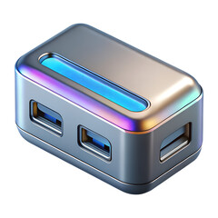 Tech Hub: A sleek and modern USB hub, boasting a contemporary design with a metallic finish and a captivating glow.
