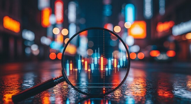 Futuristic cityscape with hovering screens displaying global markets data, graphs, and charts under a dark, ominous sky. - Powered by Adobe