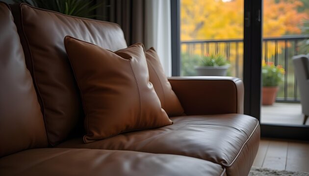 Decorative leather pillow on a luxurious leather sofa iBrown leather floor cushion with a book and coffee cup beside it, cozy reading nook setup. n a high-end living room, subtle branding style .