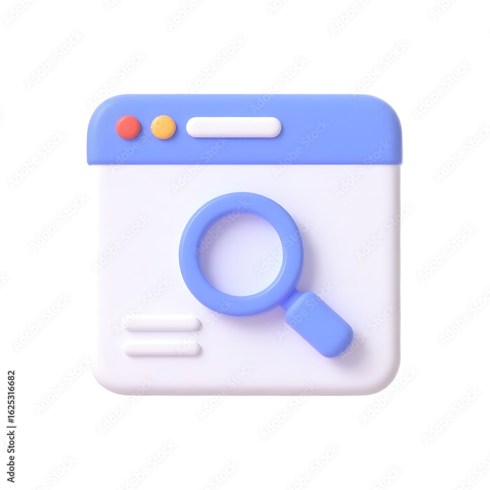 Poster 3d cartoon illustration of a stylized web browser window with a magnifying glass icon representing s