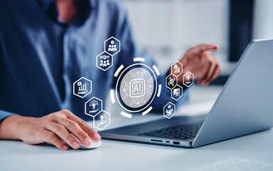 AI Artificial agents with Ai Assistants to create content to Goals, businessman using laptop Technology smart robot AI and workflow chat, and help provide ideas to help in business target