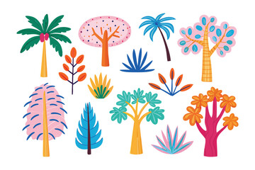 Whimsical Forest: A collection of colorful, whimsical illustrations featuring a variety of unique trees and plants, perfect for adding a touch of playful charm to any project. 