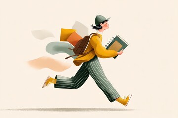 Minimalist illustration of a student running back to school floating notebooks dynamic lines soft pastel colors