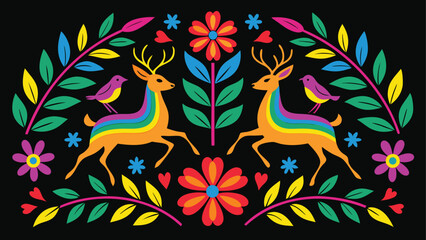 Obraz premium Two Rainbow Deer With Birds And Flowers On Black Background leaves