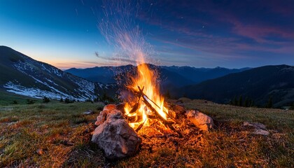 campfire burning in the mountains during a cool evening with visible sparks ideal for outdoor lifestyle visuals camping promotions and travel campaigns