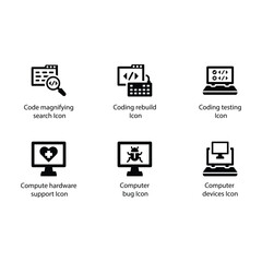 Code search, Code rebuilds, Code testing, Hardware support, Computer bug, Computer devices, icon