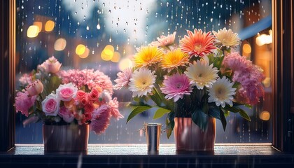 rainy day reveals a florist window with blurred raindrops and softly glowing flowers creating a tender mood