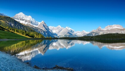 breathtaking alpine landscape with majestic mountains and clear blue sky reflecting in serene lake
