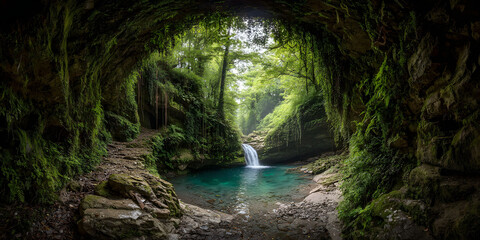 Hidden Waterfall in Lush Tropical Forest Cave