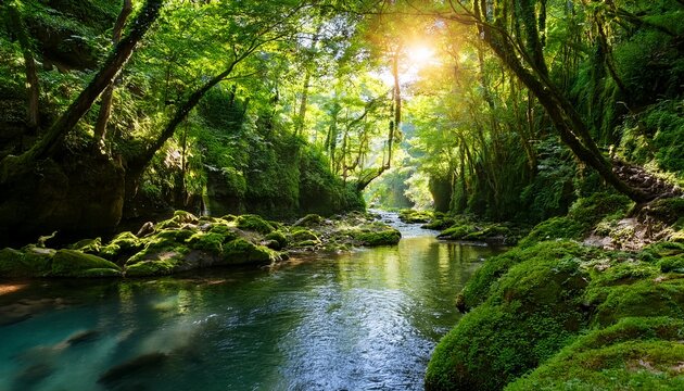 a serene forest canyon reveals vibrant greenery and a crystal clear waterway sunlight filters through the canopy highlighting the lush landscape nature unfolds in its peaceful glory