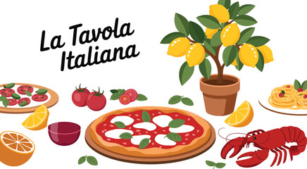 Illustration of italian food including pizza pasta lobster and lemon tree
