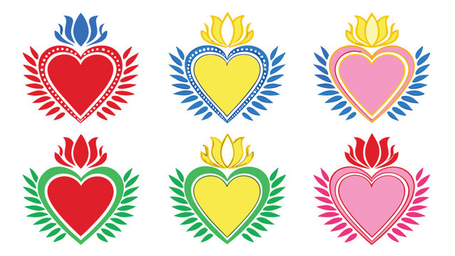Set of six colorful sacred heart symbols with floral accents blue border