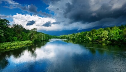 Fototapeta premium serene blue river under dramatic stormy clouds and lush green forest reflections