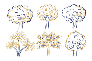 Stylized Tree Collection: A charming illustration features a collection of diverse tree designs, each rendered with delicate lines and a vibrant color palette. A whimsical aesthetic.
