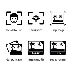 Face detection, Focus point, Crop image, Gallery image, Image Raw file, Image Jpg file, icon