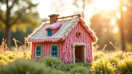 Cozy knitted pink miniature house in sunny meadow at golden hour.