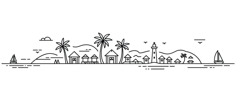 Tropical Island Village with Lighthouse and Sailboats Line Art Keywords: tropical, island
