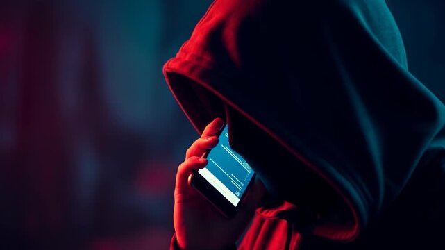Unidentified hacker uses cell phone to execute online crime, highlighting network security issues. Hacker is concealed in dark attire while communicating through smartphone. - Powered by Adobe