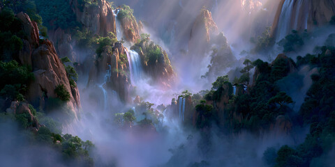 Misty Mountains with Cascading Waterfalls and Lush Greenery