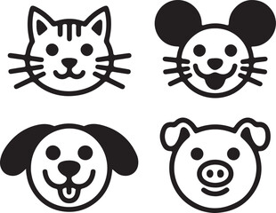 A collection of minimalist animal head icons. Simple black and white flat vector illustrations of a cat, mouse, dog, and pig.