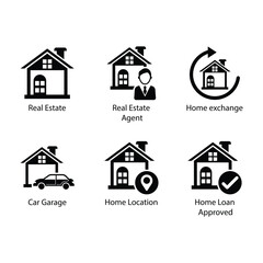 Real Estate, Estate Agent, Home exchange, Car Garage, Home Location, Home Loan Approved, icon
