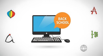 A computer with a back to school message surrounded by school related objects on a white background