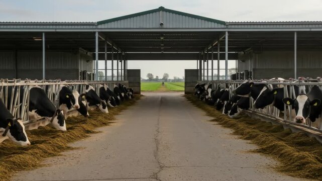 Cows Eating in Modern Barn - Rows of Holstein cows feed on green fodder inside a spacious, modern barn.