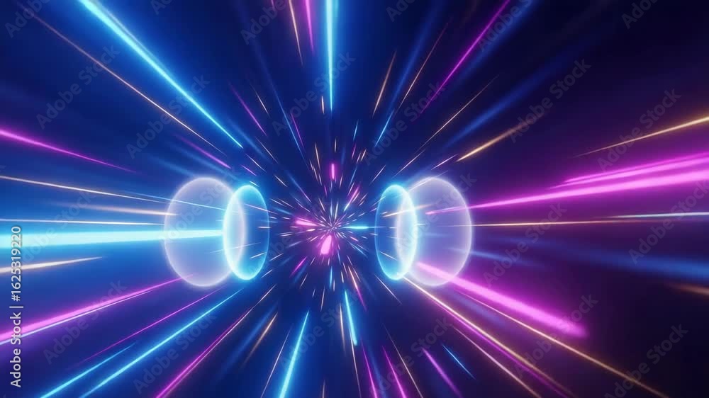 Poster neon lights tunnel abstract image shows colorful fluorescent tubes arranged in circular pattern with