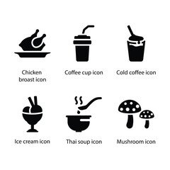 Chicken broast, Coffee cup, Cold coffee, Ice cream, Thai soup, Mushroom, icon