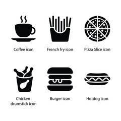 Coffee, French fry, Pizza Slice, Chicken drumstick, Burger fast food, Hotdog fast food, icon