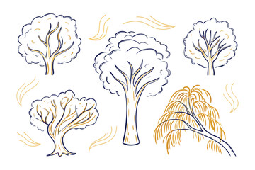 Diverse Tree Sketch Set: A set of hand-drawn tree sketches, showcasing various tree types, from sturdy oaks to graceful willows. The sketches have an inviting cartoonish quality