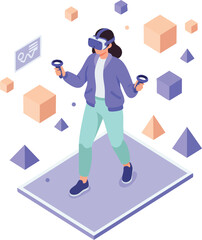 Virtual reality user interacting with 3D geometric shapes in immersive digital environment vector illustration