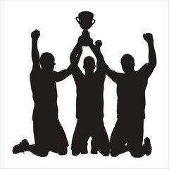 Silhouette of Football Players on Knees Celebrating with Trophy, Isolated on White Background