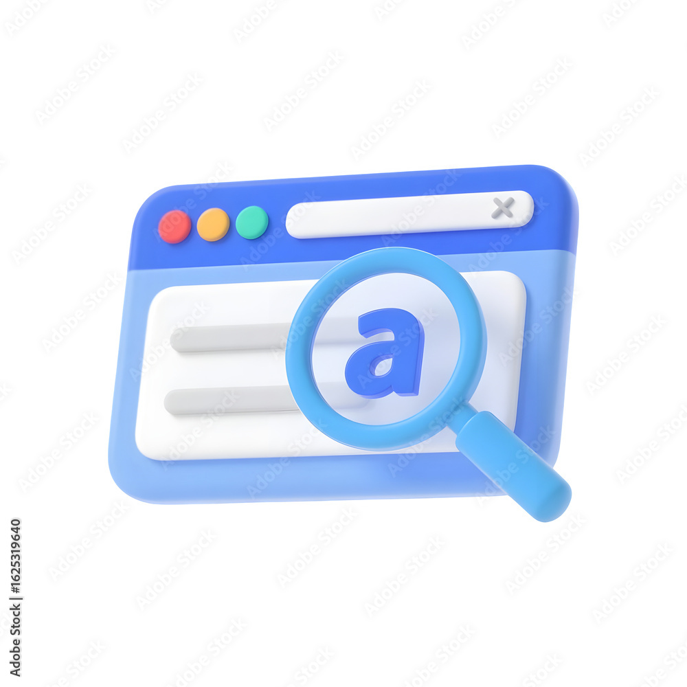 Poster 3d illustration of a magnifying glass over a web browser search bar with the letter a inside isolate