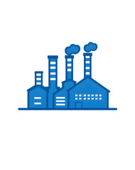 Obraz premium Modern blue industrial factory building with smoking chimneys against a white background representing manufacturing and production